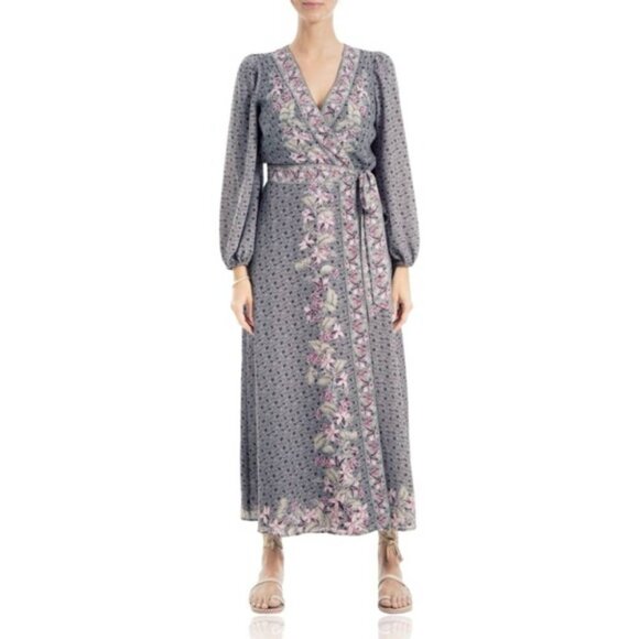 Max Studio London floral maxi wrap dress balloon sleeves chiffon boho print - Picture 2 of 12
